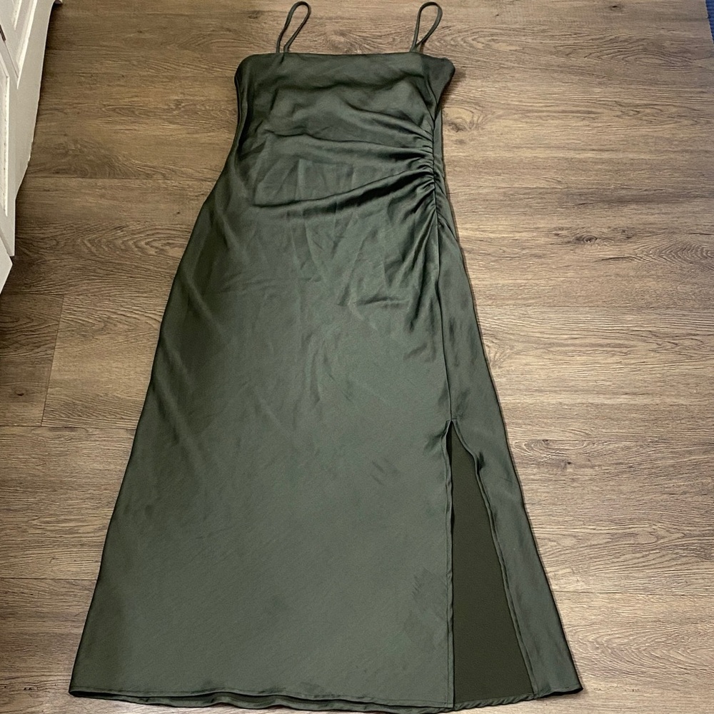 🫒 ZARA Olive Green Satin Slip Dress with Side Ruched Detail